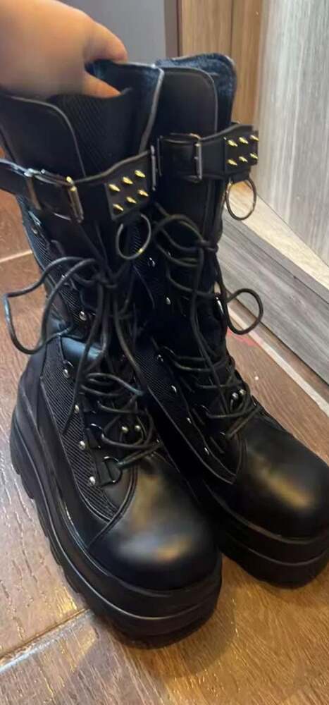 Gothic Punk Platform Mid-Calf Boots with Chunky Wedge Heel and Lace-Up Closure